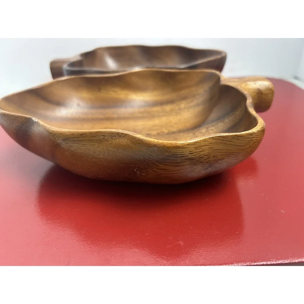 2‎ Vintage Monkey Pod Wood Leaf  Snack Bowl Trinket Dish Tiki Set Philippines